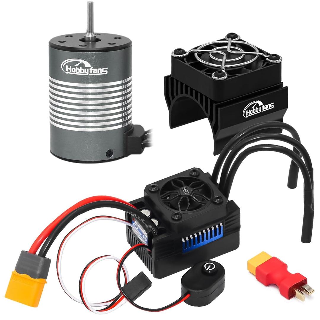 Hobby Fans Waterproof S3650 3900KV Brushless Motor 3.175mm Shaft with Upgrade 60A ESC Electric Speed Controller Combo Set and Heatsink for 1/10 Remote Control Car Truck, Titanium