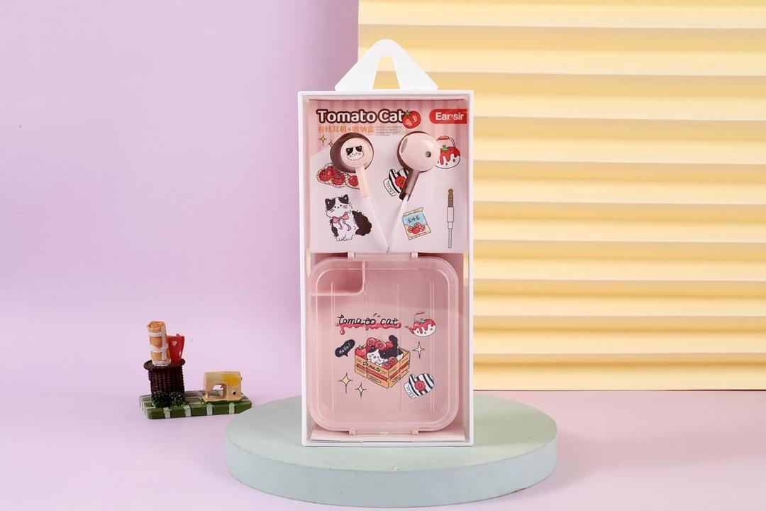 QearFun Tomato Cat Earbuds for Kids, Kawaii Wired Half in-Ear Headphones with Mic & Hard Case, Cute Foodie Kitty 3.5mm Jack Earphones for School Girls Teens (Pink)