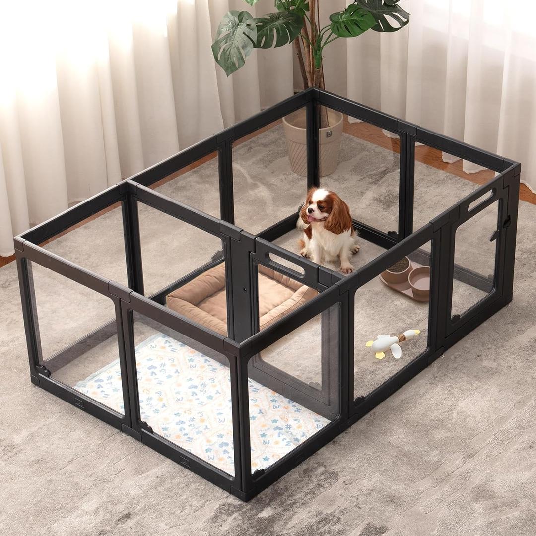 Acrylic Dog Playpen Indoor, Cloud Design Clear Dog Play Pen for Puppies and Small Dogs, Easy Assembly & Clean Puppy Pen (23.6", 12 Panels, Black) (24"H-Cloud)