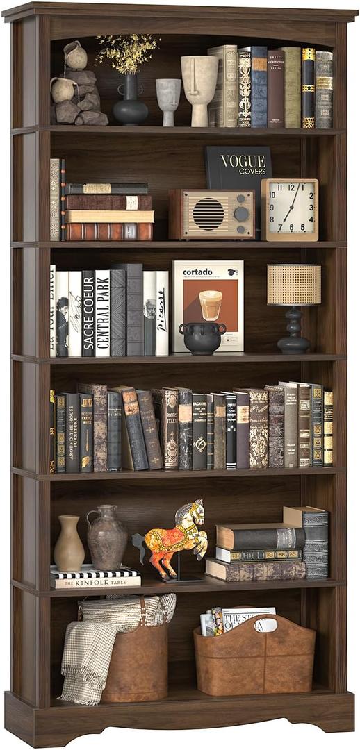 TVU 6-Tier Wooden Bookshelf, 76 Inch Tall Bookshelf with Storage, Floor Standing Modern Style Display Bookcase for Living Room, Office, Study Room, Entryway, Brown