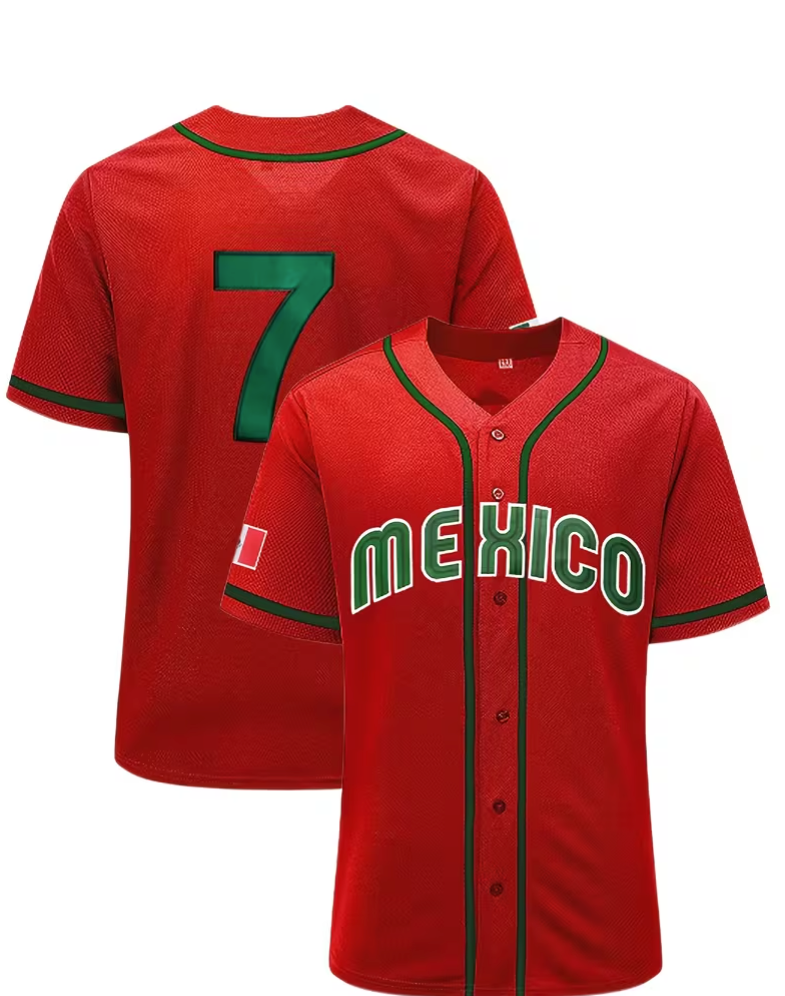Men's Mexico 7 Button Down Jersey Short Sleeve Hipster 80S 90S Hip Hop Baseball jersey
