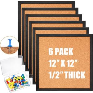 Thyle 6 Pcs Small Cork Bulletin Board 12 x 12, Framed Corkboard 1/2 Thick Vision Board Small Square Pin CorkBoard Decor Display Organizer for Wall Home Office School