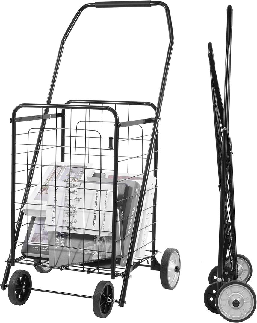 Elevon Foldable Shopping Utility Cart, Collapsible Durable Grocery Utility Cart with Rolling Wheels for Easy Storage, Laundry, Book, Luggage Travel, Compact Portable, Black