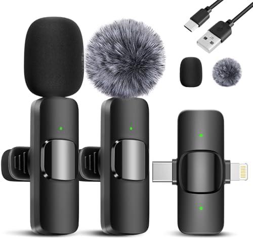 ODGG 2 Pack Wireless Lavalier Microphone for iPhone 15, USB C Android Phone, Laptop, Tablet, PC, Type-C Mini Lapel Mic with Noise Reduction for Vlog Video Recording Content Creator (2 in 1)