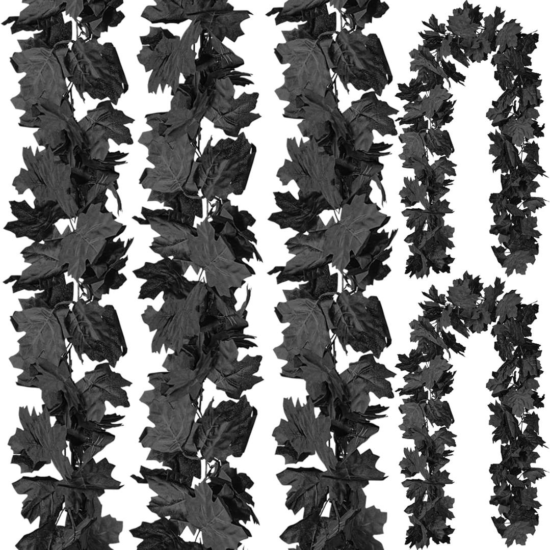 CQURE 5 Pack Black Fall Leaf Garland, Halloween Garland Hanging Vines Artificial Fall Maple Leaves Thanksgiving Decor for Home Wedding Fireplace Party