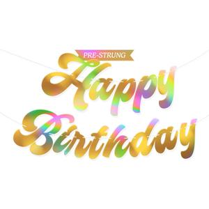 HOUSE OF PARTY Pre-Strung Happy Birthday Banner | Shiny Gold Iridescent Happy Birthday Letters Banner Sign-6 Feet, Birthday Hanging Garland Decorations Party Supplies for Girls Boys Kids Adults