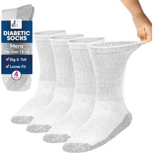 Debra Weitzner Big and Tall Diabetic Socks for Men Size 13-15 Wide Cotton Loose Fit Crew Socks Mens - 4 pairs (White /Grey)