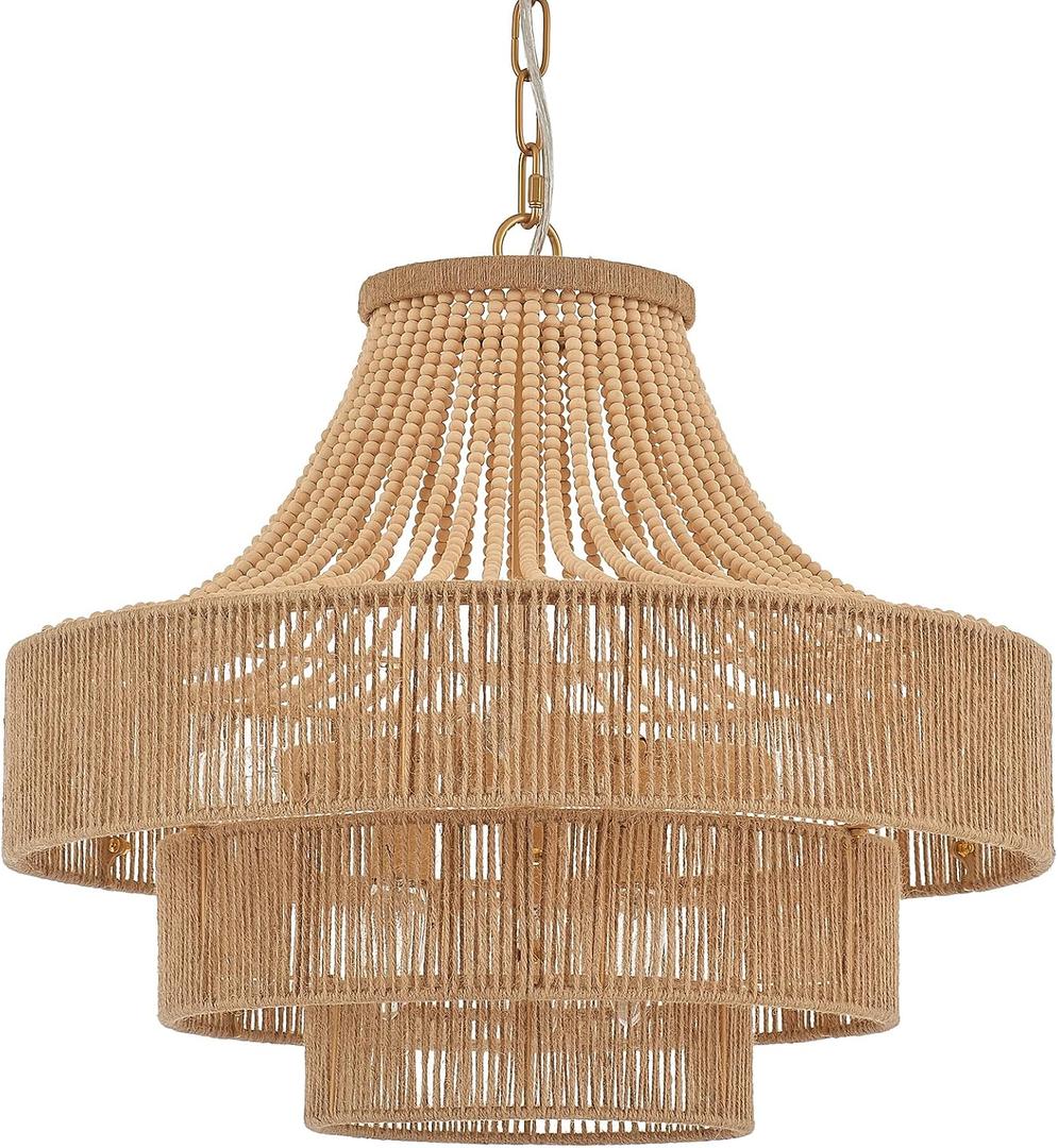 Wood Beaded Rattan Chandelier Boho Hand Woven Pendant Light 6-Lights Adjustable Coastal Pendant Lighting Fixtures for Dining Living Room Kitchen Hallway, Dia 20, UL Listed