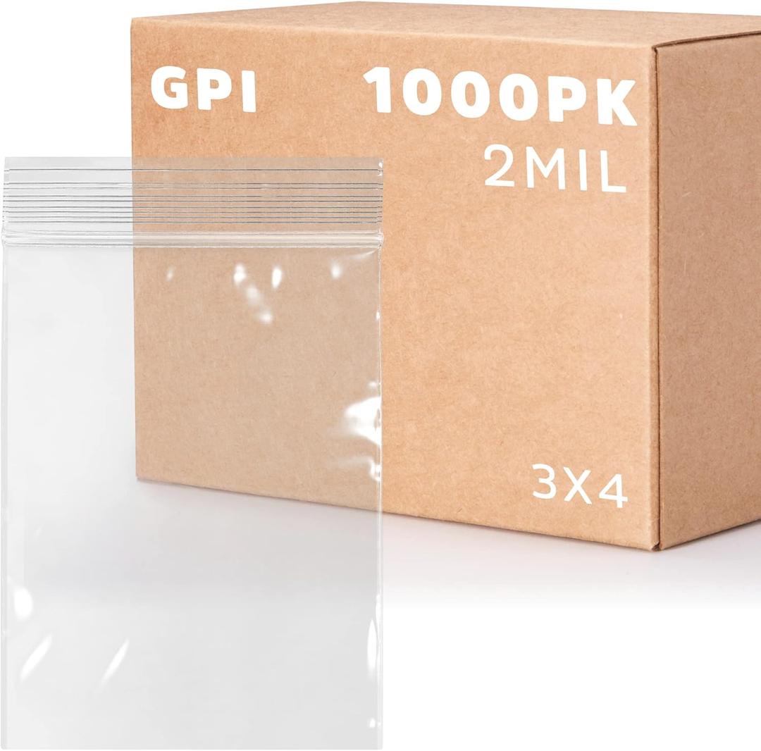 Clear Plastic Reusable Zip Bags - Bulk GPI Case of 1000, 3" x 4" 2 mil Thick Strong & Durable Poly Baggies With Resealable Zip Top Lock For Travel, Storage, Packaging & Shipping.