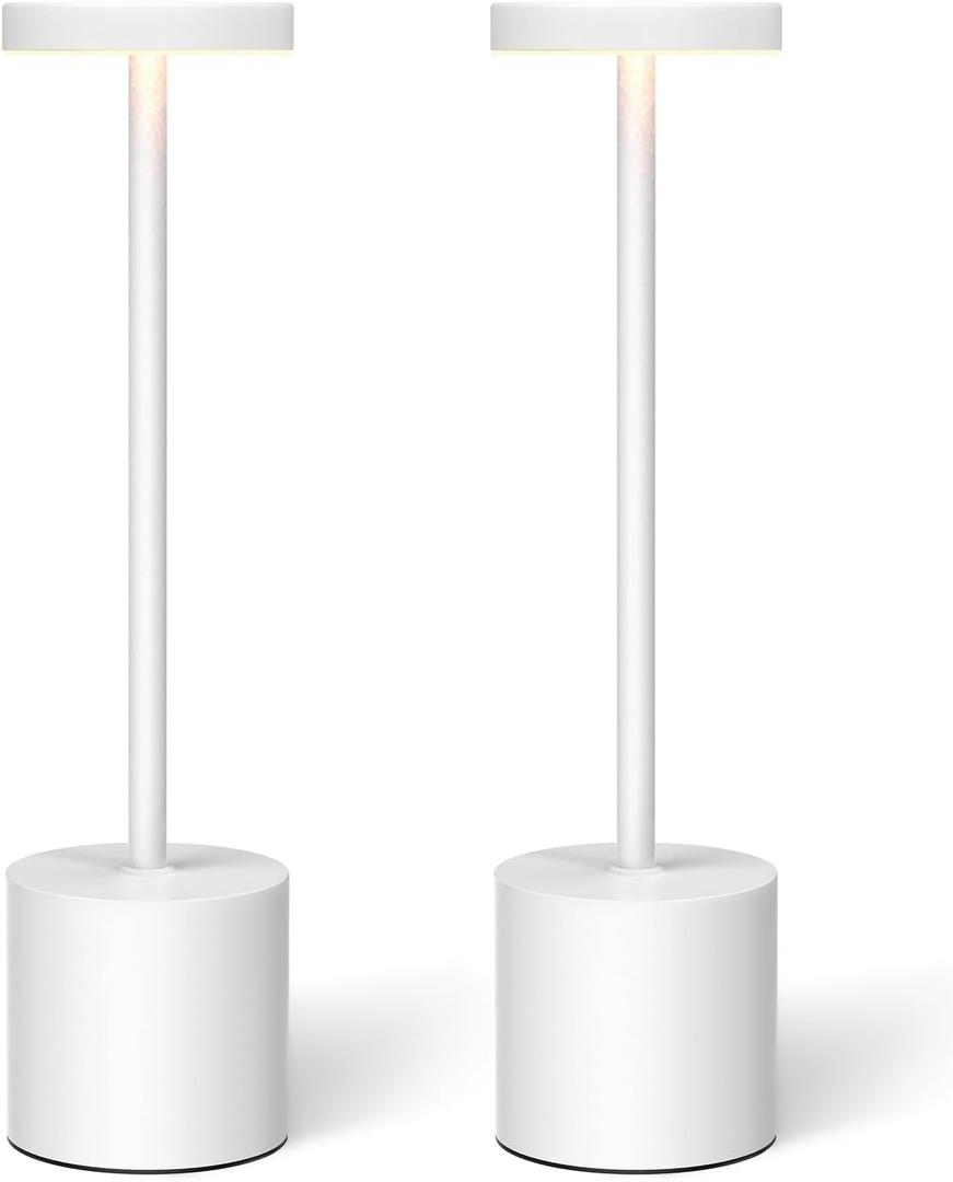 White Rechargeable Cordless Table Lamps Set, 5000mAh Battery Powered Wireless Table Light, Portable LED Desk Lamp, 3 Color Dimmable Lighting for Restaurant Dining Patio Outdoor Bedroom