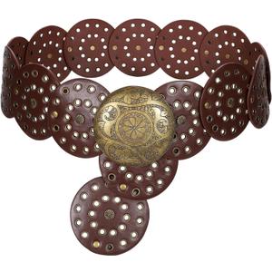 WERFORU Women Vintage Leather Belt Western Disc Waist Belts Ladies Western Belt Boho Belt for Dress Jean- (Length 41"Fit Waist Size Below 37", Browm-bronze Buckle)