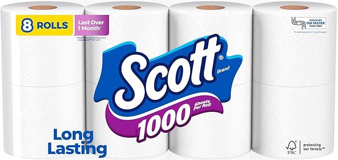 Scott 1000 Toilet Paper, 24 Rolls, Septic-Safe, 1-Ply Toilet Tissue