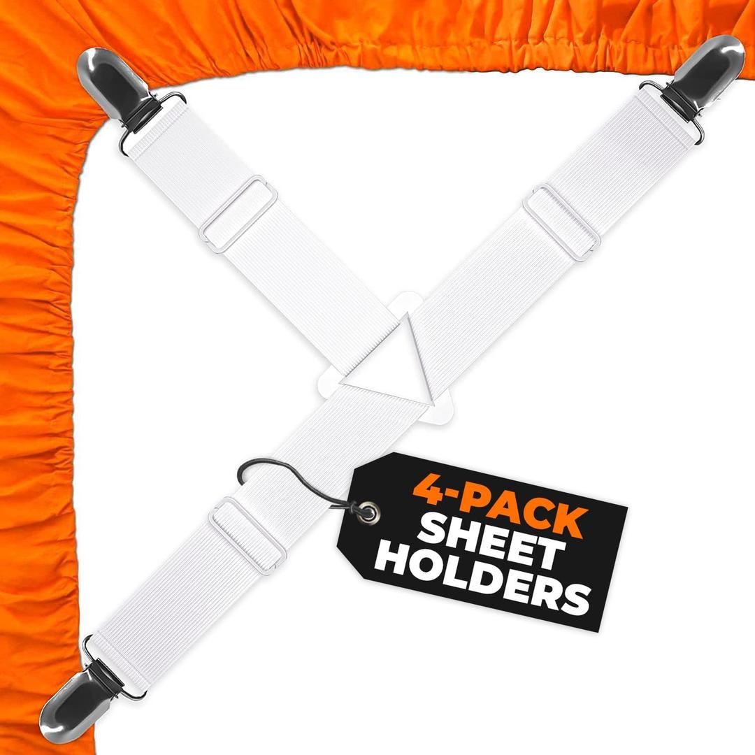 5 STARS UNITED Bed Sheet Straps Set | Easy to Use Adjustable Elastic Fasteners with Metal Clips | Sheet Holders for Corners | Fitted Sheet Clips to Hold Sheets in Place | (4 Pcs White)