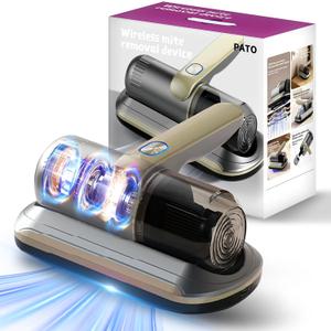 PATO Wireless Handheld Bed Vacuum Cleaner, Golden
with UV-C Light, HEPA Filter and Ultrasonic Vibration, 12KPa, Suitable for Beds, Sofas, Car Seats, Carpets