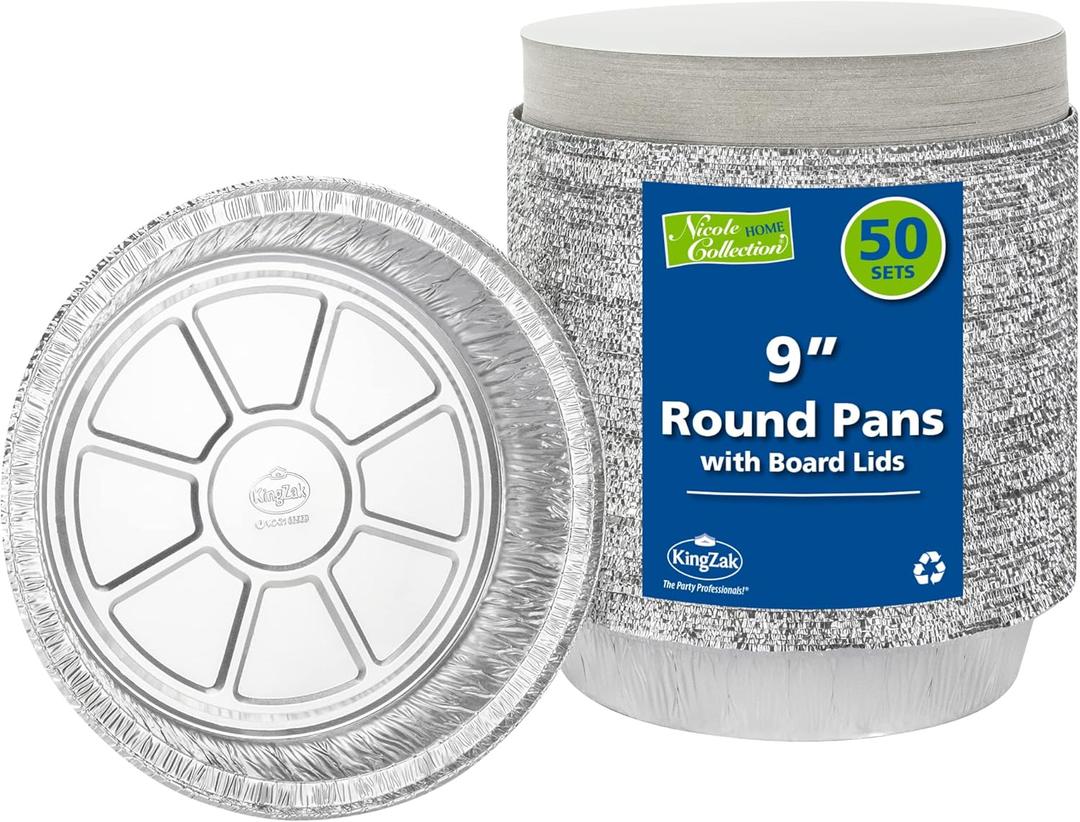Nicole Home Collection Aluminum Pans 9 Round Disposable Foil Pans With Lids (50 Pack)  9 Inch Round Disposable Takeout Pans With Board Lids (9" Inch Round)