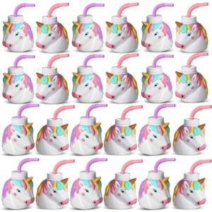 Mifoci 24 Set Unicorn Birthday Party Favor Gift Cups with Straws, 10 oz Plastic Unicorn Shape Cup Reusable for Girls Birthday Baby Shower Party Supplies (Pastel Color)