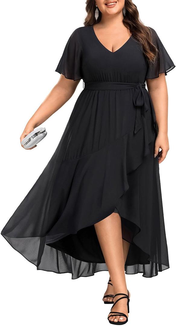 Womens Plus Size Long Dress Chiffon High Low Split Ruffle Evening Bridesmaid Wedding Guest Formal Maxi Dresses, 26W, Black