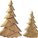 RM ROOMERS Christmas Tree Figurines Wooden, Set of 2 Gold Christmas Tree Vintage Tabletop Xmas Statues, Antique Decorative Xmas Trees for Desk, Mantel, Entryway, Rustic Holiday Centerpieces