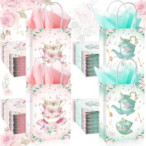 24 Pcs Tea Party Gift Bags with Tissue Paper Floral Teapot Goodie Treat Bags with Handles Tea Party Decorations for Wedding Baby Shower Birthday Favors Supplies, Pink and Green