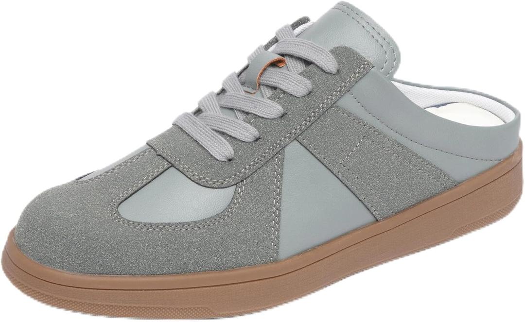 NEWBELLA Women's No Heel Sneakers Mule Shoes Vintage Suede Slip On Casual Low-top Flat Shoes Comfortable Lace Up Closed-Toe Walking Shoes (Blue-Gray, Adult, Women's, 7, Digital, US Shoe System, Medium(Medium))