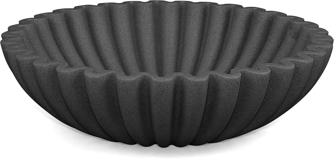 LIN CHUAN Ruffle Decorative Bowl, Large Fruit Bowl for Kitchen Counter, Stylish Key Bowl for Entry Table, Handcrafted Home Decor Display bowl, Artificial Stone Black