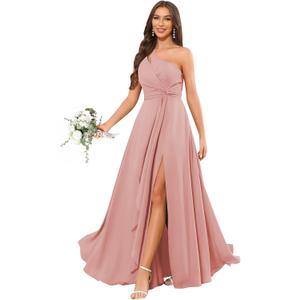 BANTRATIC One Shoulder Bridesmaid Dress Ruffle Slit Maxi Wedding Guest Ruched Empire Waist Chiffon Flowy Formal Evening Gown (6, Dusty Rose)