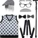 ATTBEA Old Man Costume for Kids 100 Days of School Costume for Boys with Old Man Hat, Old Person Glasses (Medium)