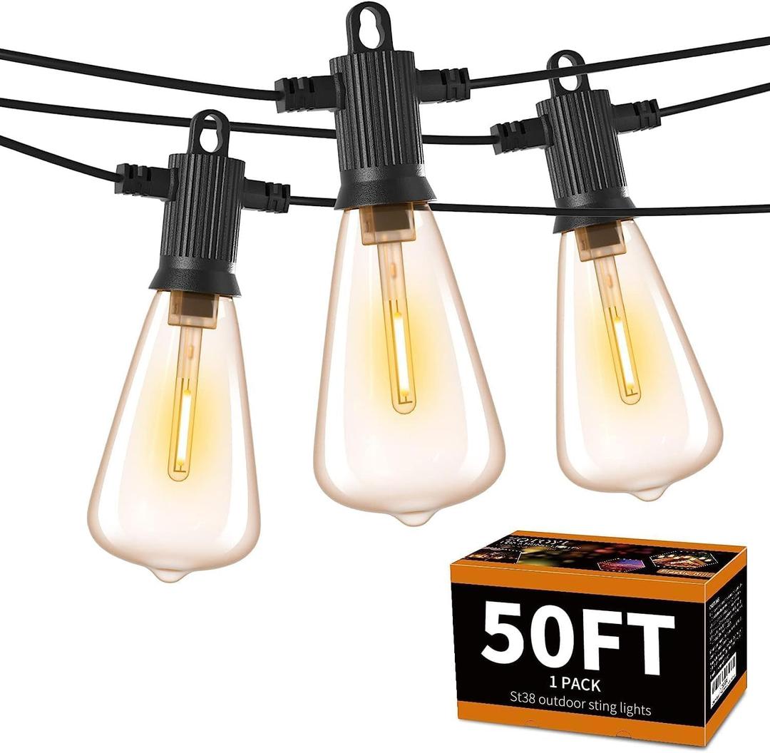 ZOTOYI Outdoor String Lights50FT Patio Lights with 27 Vintage Edison Bulbs (2 Spare)ST38 Waterproof Outside Hanging Light for Backyard, Bistro, Cafe, Gazebo, Porch Decor, Dimmable 2700K