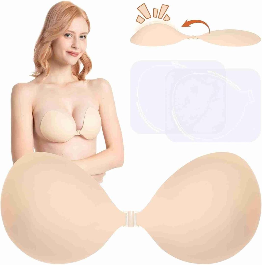 Sticky Bra Push Up Backless Bras Strapless Stick on Bra Invisible Adhesive Bra with Nipple Covers for Women (Nude, D)