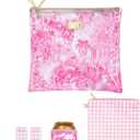 Lilly Pulitzer Water Resistant Vinyl Beach Day Pouch, Zipper Bag Includes Drink Hugger, Small Pouch, and Towel Clips (Palm Beach Toile)