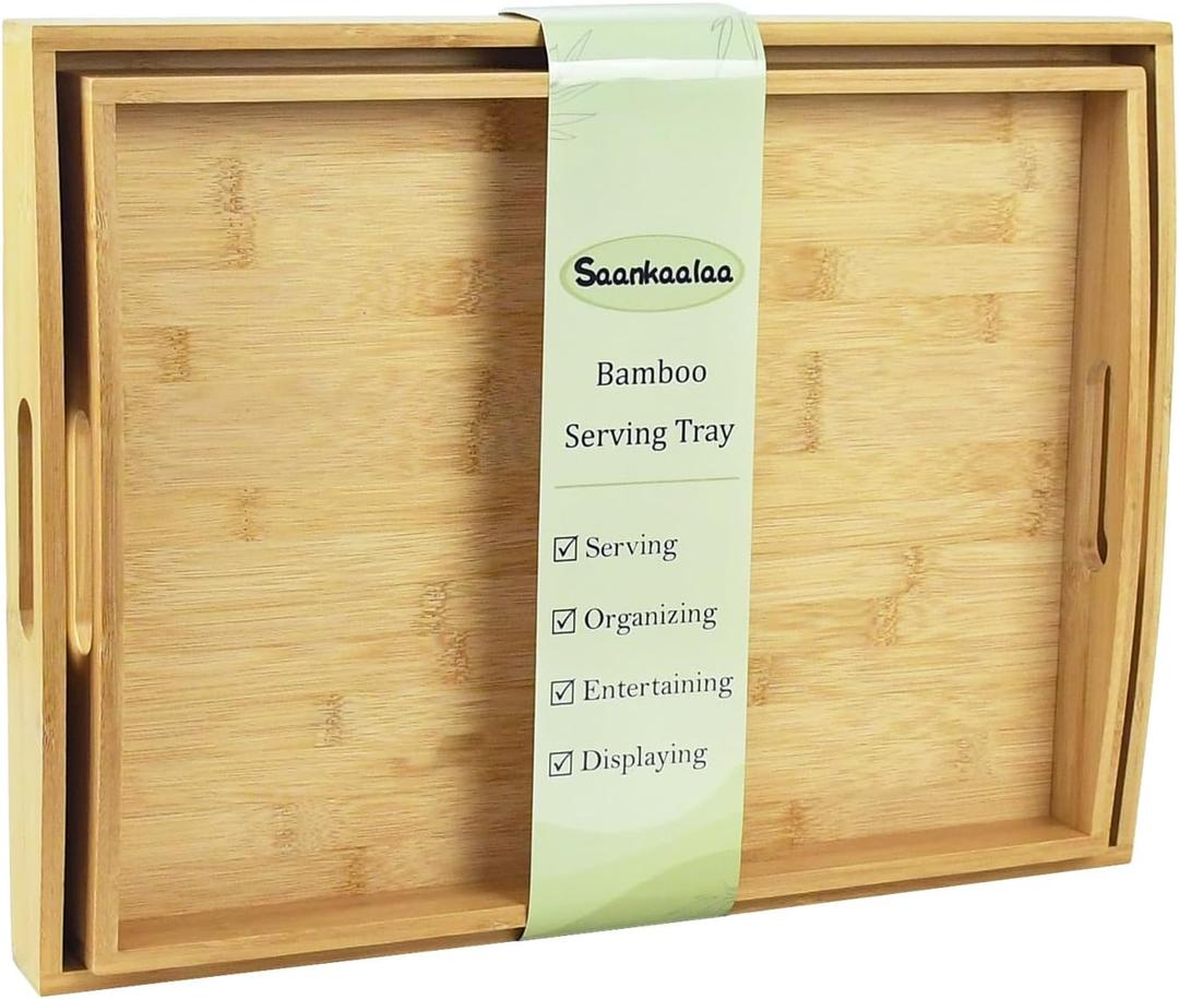 Bamboo Serving Tray with Handles, Set of 2 Large Wood ServingTrays for Food & Coffee, Elegant Wooden Tray for Breakfast in Bed, Kitchen & Party-Natrual Finish