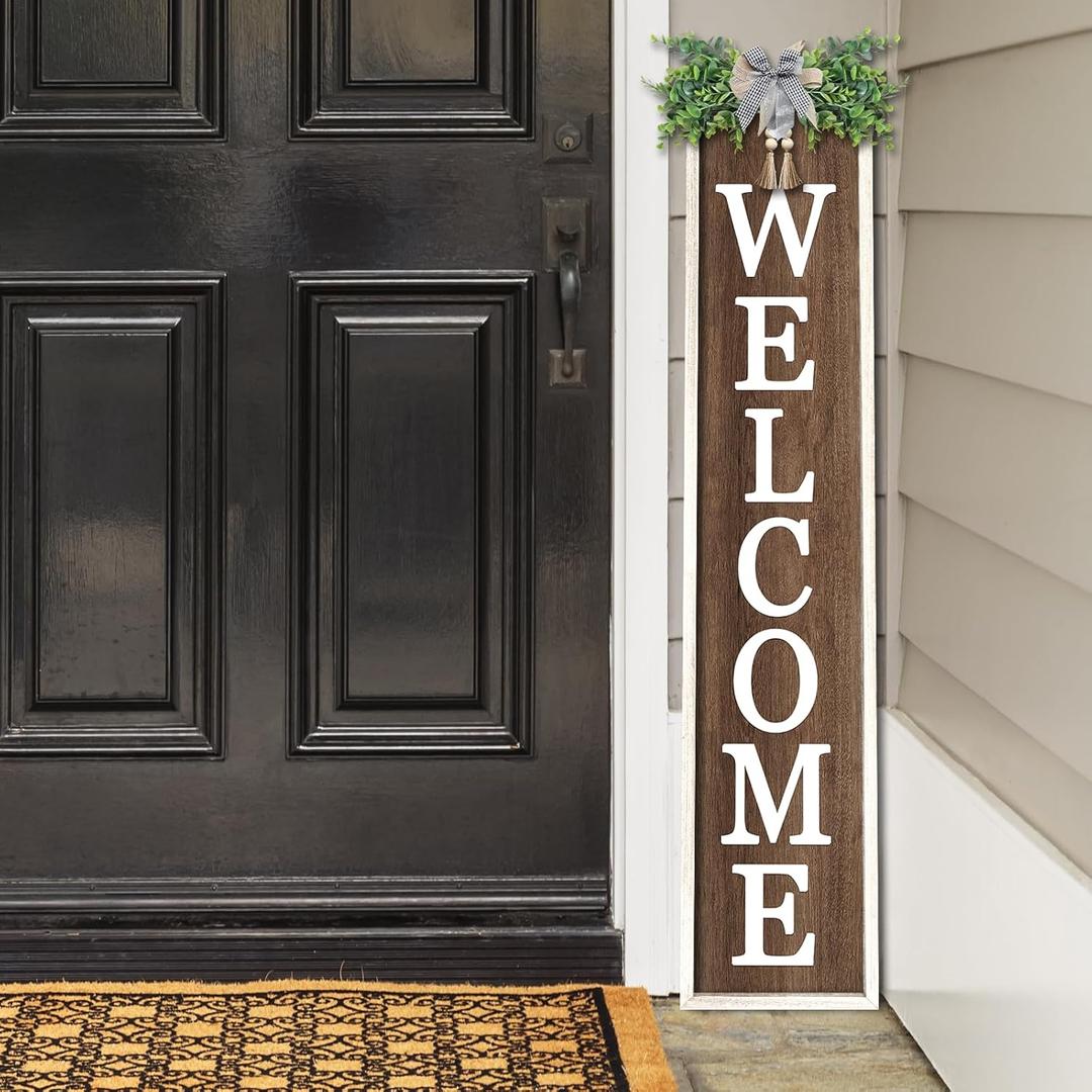Welcome Sign for Front porch Standing 45"X9" Long Vertical Leaner Tall Wood Framed Outdoor Decor for Home Outside Front Door Decorations (White Wood)