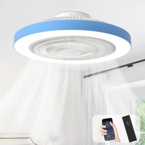 Depuley Modern Ceiling Fan with Light: 19" LED Flush Mount Low Profile Ceiling Fans with Remote & Smart APP Control - Blue Bladeless Fandelier Dimmable Quiet DC Motor for Bedroom Kids Room 6 Speeds