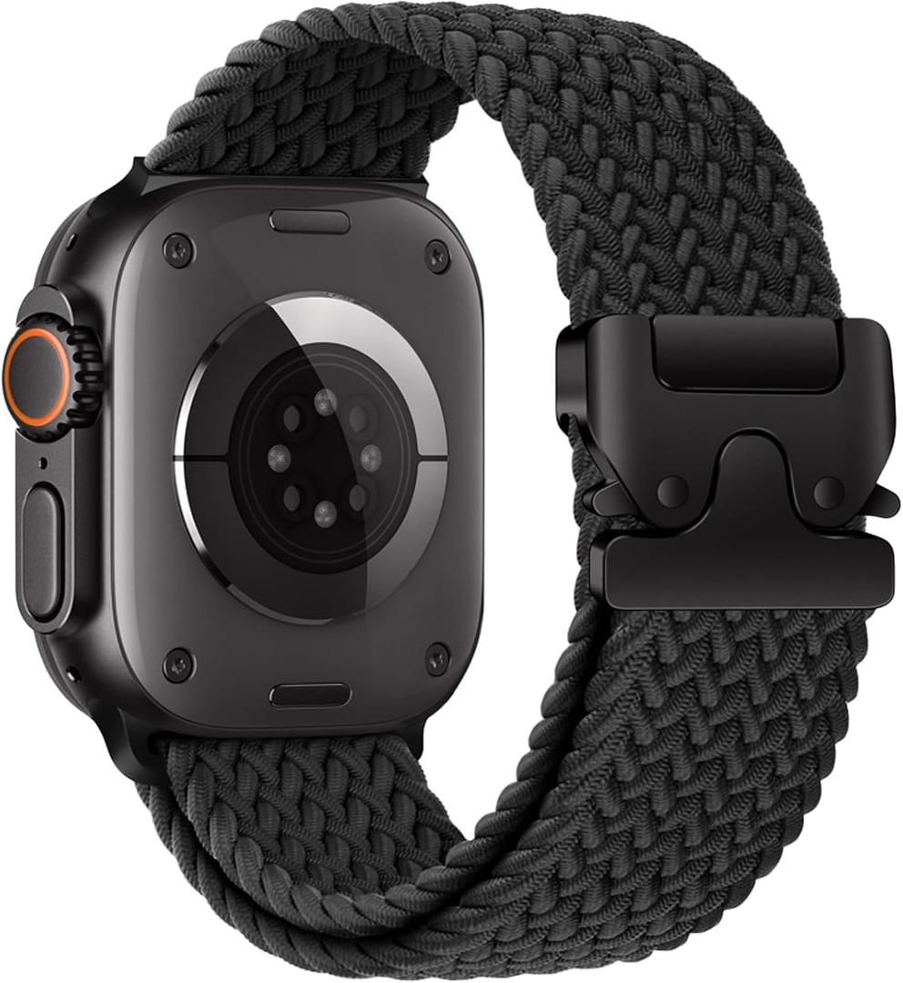 Braided Solo Loop for Apple Watch Ultra/2 Bands 49mm 46mm 45mm 44mm 42mm Men/Women,Parachute Buckle Stretchy Elastic Nylon Sport Strap Wristband for iWatch Bands Series 10 9 8 7 6 5 4 3 SE/2 (01-Black)