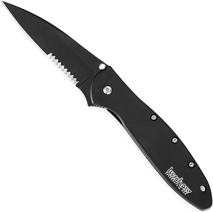 Kershaw Leek, BlackWash Pocket Knife (1660BLKW); 3 Sandvik 14C28N Steel Blade, 410 Stainless Steel Handle, BlackWash Finish, SpeedSafe Assisted Open, Frame and Tip Locks, Reversible Pocketclip; 3 OZ