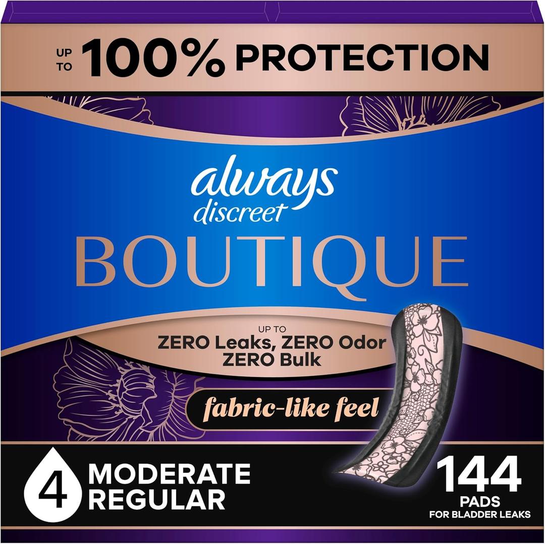 Always Discreet Boutique Incontinence Pads, for Bladder Leaks, Moderate Absorbency, Regular Length, 144 Count (3 Packs of 48)