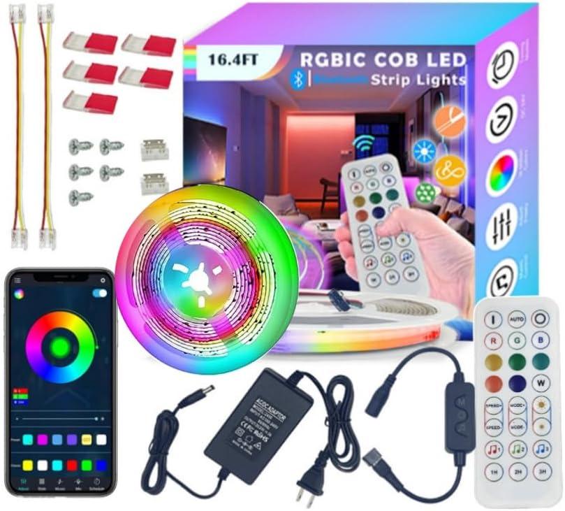 COB Strips Light 16.4FT/5m IC+RGB Smart Lights Magic Color 24V DC with RF Remote Software Control,24V 60W with Adapter for Home & Office DIY Lighting, Lighting Decor Party Holiday