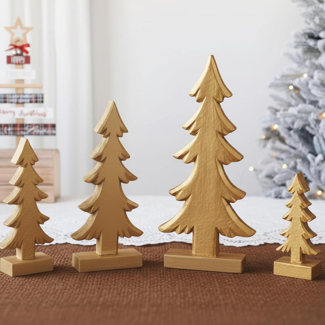 4 Pcs Gold Wooden Christmas Tree Rustic Table Top Christmas Decorations Farmhouse Vintage Xmas Trees Figurine Handmade Tabletop Centerpiece Decorations for Home Office Desk(Pine Style)