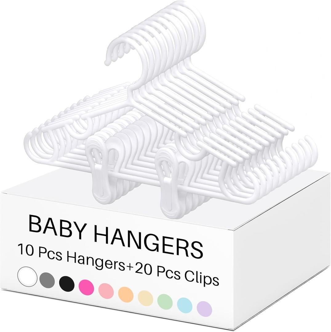 Hsei 5/10/40 Pack Baby Hangers with 10/20/80 Clips, Plastic Kids Pants Hangers for Nursery Closet Top and Bottom Clothes Hanger Set for Newborn Infant Toddler(30 Packs Total,White,10.6 Inch)