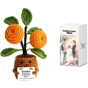 Crochet Artificial Flower Bouquet Teacher Appreciation Decoration Gifts for Ladies Handmade Crochet Thank You for Helping Me Grow Up (Orange)