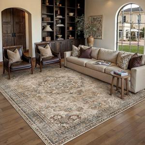 PureCozy Brown Vintage 6x9 Area Rug for Living Room Machine Washable Large Rug Non-Slip Soft Low Pile Carpet Floral Stain Resistant Indoor Office Throw Rug for Bedroom Dining Room Nursery