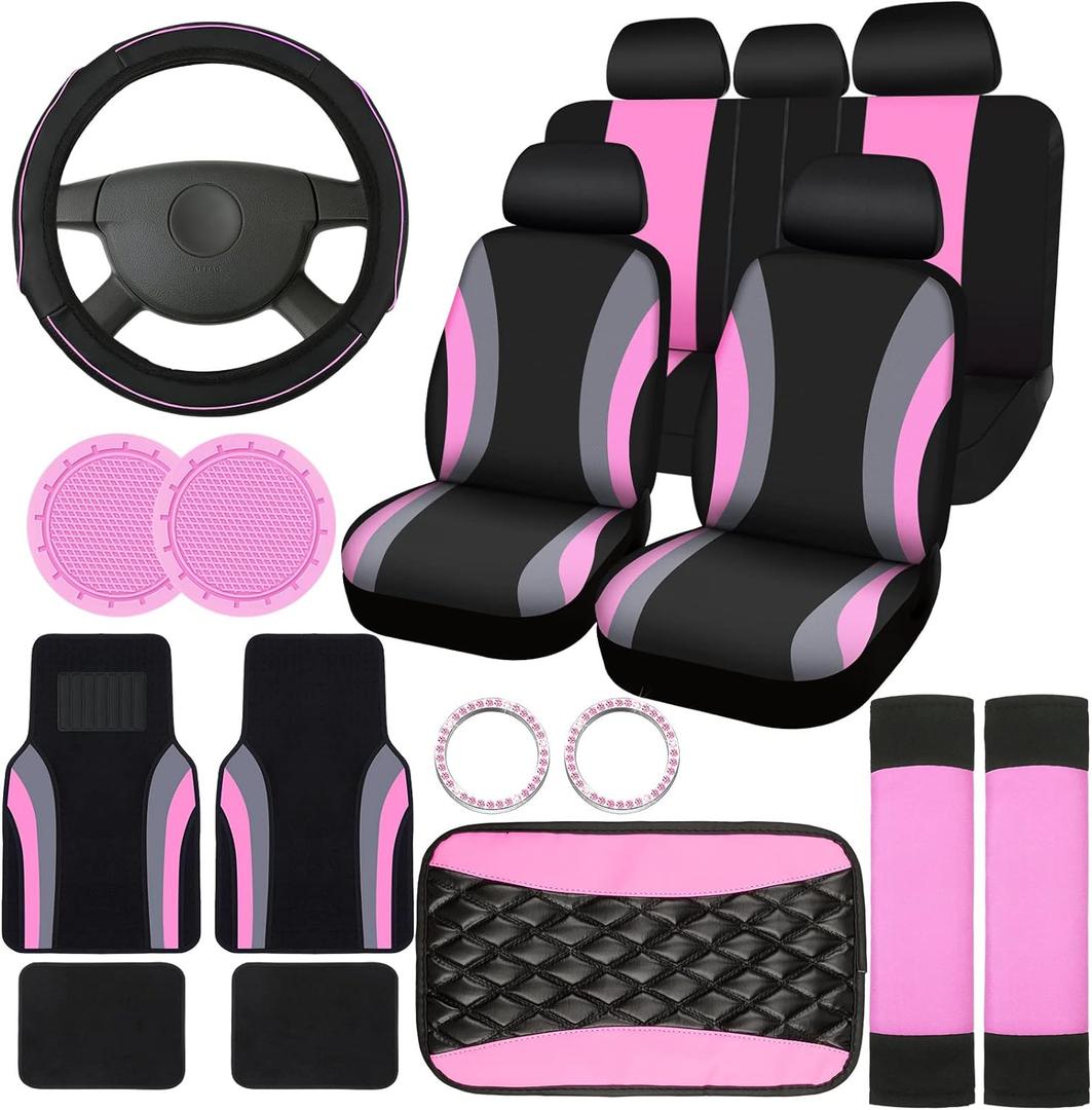 Fabbay 21 Pcs Car Seat Covers Full Set Car Floor Mats Steering Wheel Cover Armrest Seat Belt Pad Seatbelt Cup Mats Emblem Ring Sticker for Sedans Trucks SUV(Black, Pink)