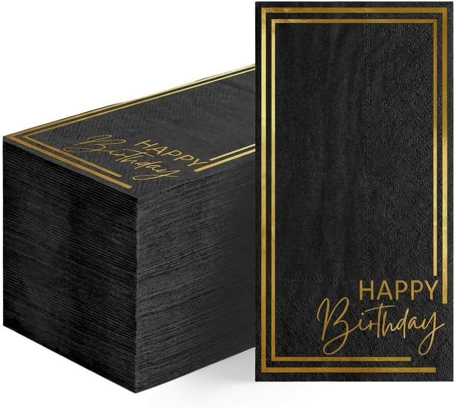 Horaldaily Birthday Disposable Paper Decorative Guest Napkins, Happy Birthday Gold Foil Black Elegant Celebration Hand Towel for Party Lunch Dinner Kitchen Bathroom (4.3 X 7.9 inches)