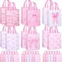 SilTriangle 30 Pcs Large Pink Bow Gift Bags Bulk, 12.6 x 9.8 x 4.4 in Reusable Non-woven Pink Tote Bags with Handles, Party Favor Bag for Birthday, Bridal Shower, Baby Shower