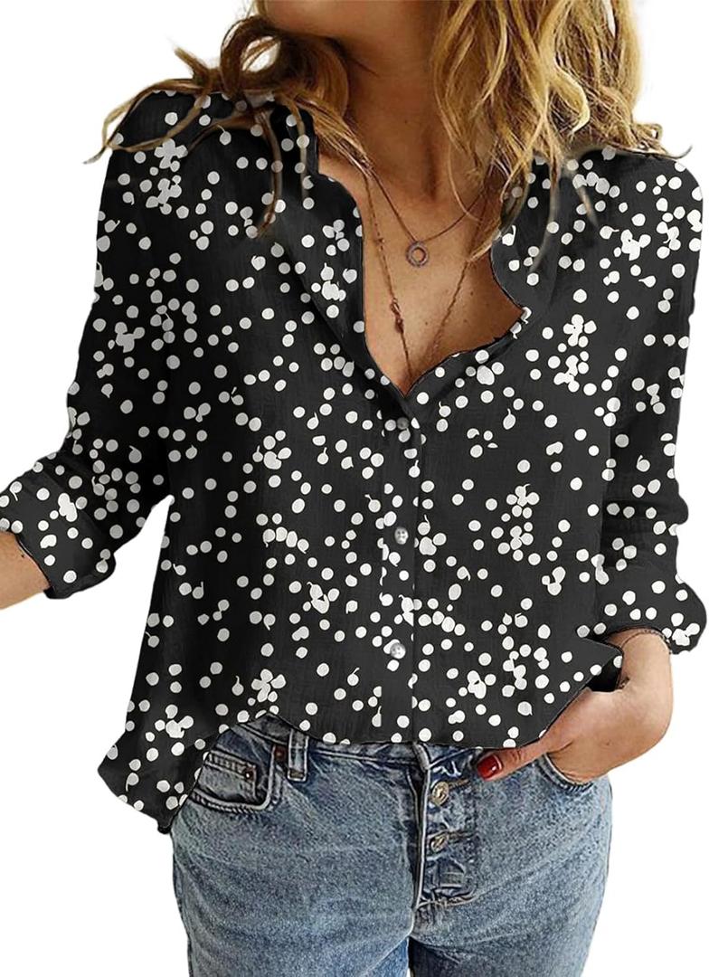 Dokotoo Women's Casual V Neck Alicia Floral Print Roll Up Long Sleeve Chiffon Button Down Blouses Bohemian Top Shirts, XL