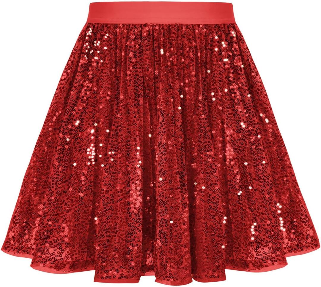 GRACE KARIN Girls Sequin Skirt Elastic Waist Sparkle Pleated Skirt for Party 5-14Y (7 Years, Red)