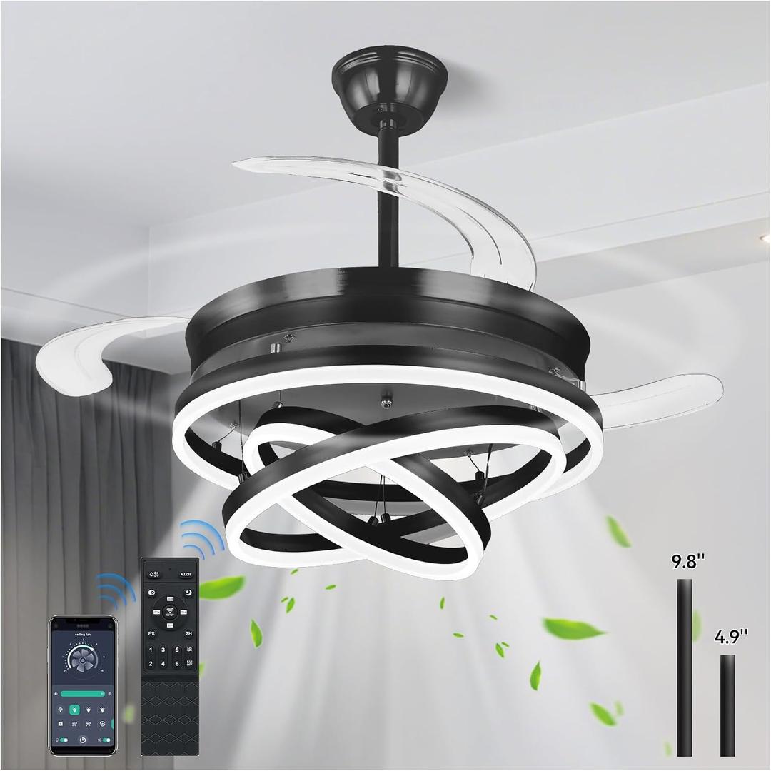 Retractable Ceiling Fans with Lights, 42" Fandelier Ceiling Fan with Light and Remote, Reversible, 3 CCT, Dimmable, Modern Chandelier Ceiling Fan for Bedroom, Living Room, Dining Room (Black)