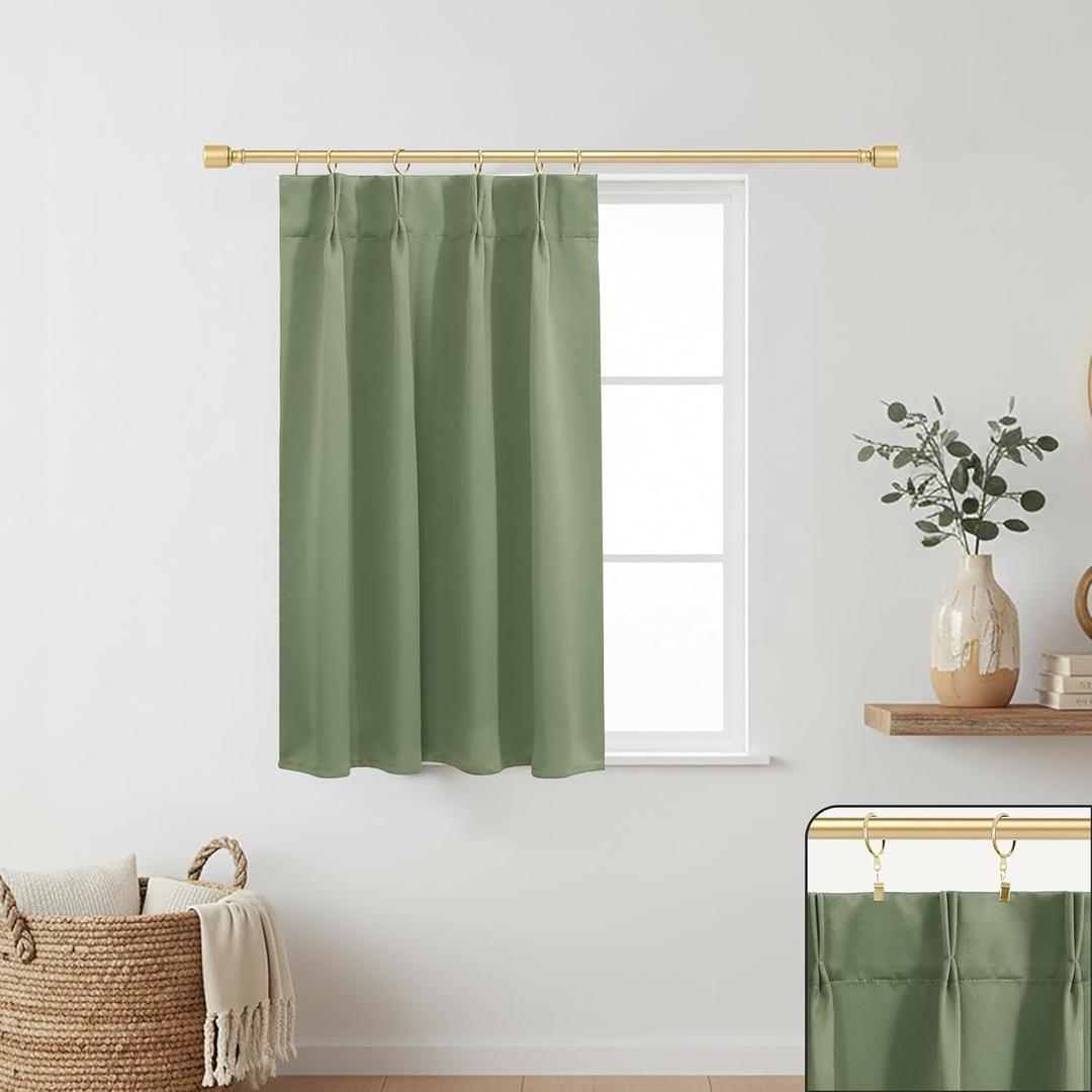 Lino Rosa 30 Inch Length Curtains for Small Window, Sage Green Boho Blackout Pinch Pleated Cafe Drapes for Bathroom RV Kitchen
