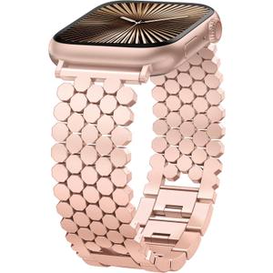 Minyee Compatible with Apple Watch Band Women 41/40/38/44/45/46/49/42mm, Dressy Honeycomb Pretty Adjustable Metal Designer Classy Wristband for iWatch Series 11 10 9 8 7 6 5 4 3 2 1 Ultra SE (Pink)