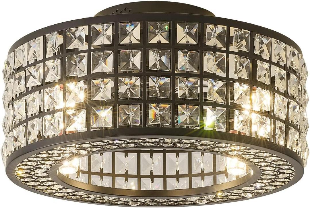 18 Inch Crystal Chandelier Ceiling Fan, Modern Industrial Fandelier with Lights and Remote/APP Control, Enclosed Low Profile Bladeless Ceiling Fan Including Bulb(Black3)